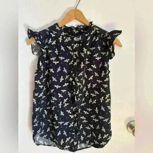 Loft women’s button up sleeveless blouse dark blue bee print cotton size XS